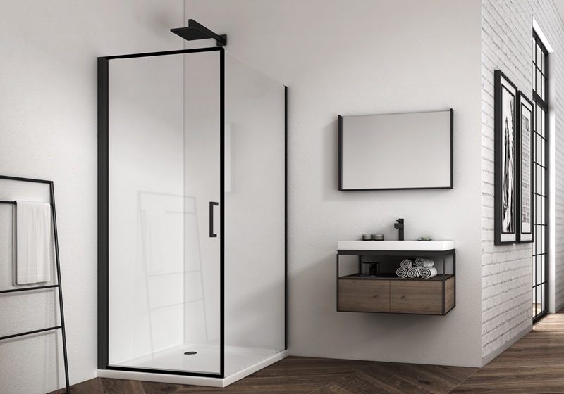EX-921 6/8 mm matzwarte vierkante scharnier premium douchewand met waterdichte streep